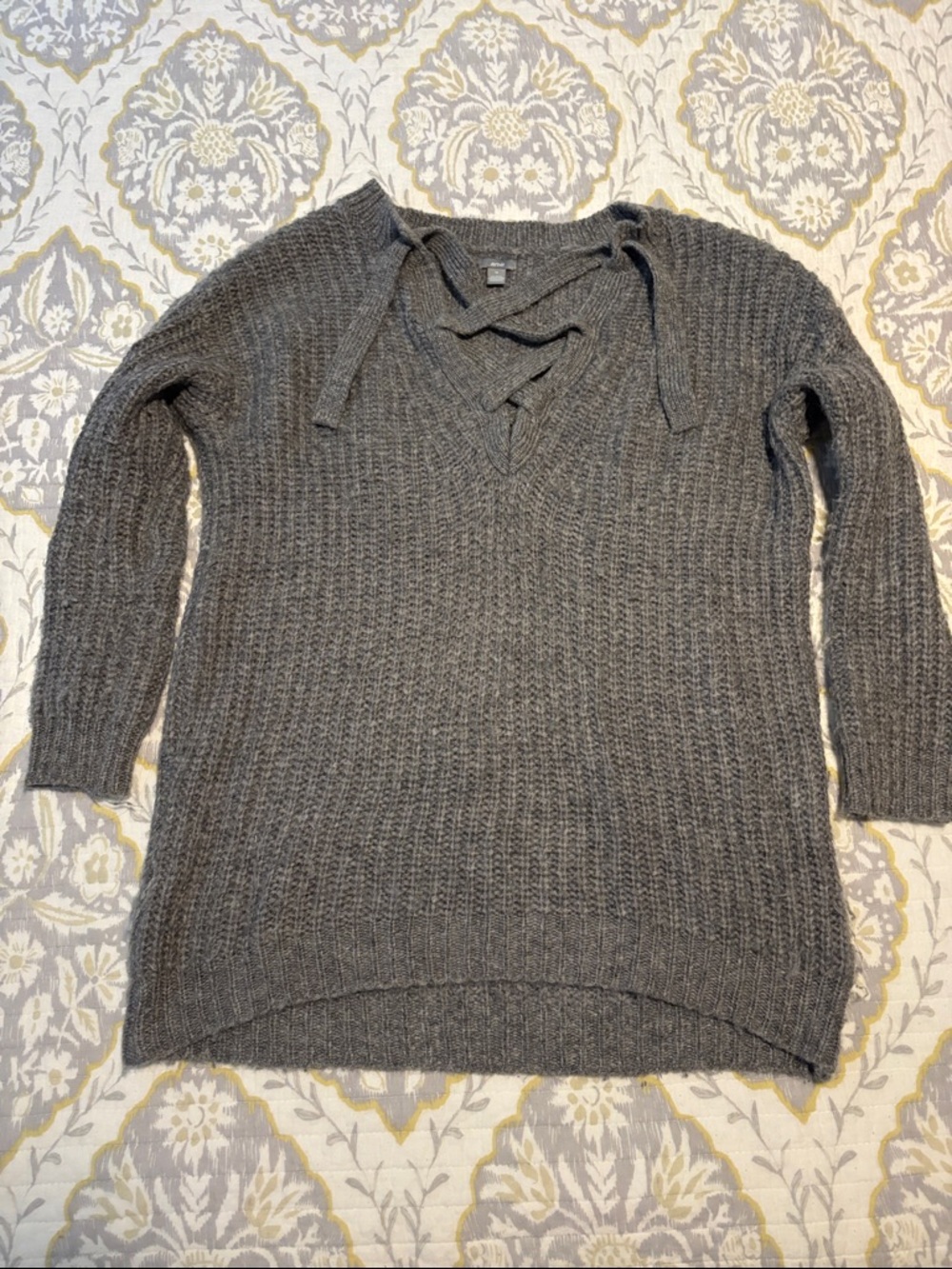 aerie Heather Gray Lace-Up V-Neck Knit Sweater